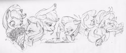 Size: 3346x1412 | Tagged: safe, artist:dilarus, deleted from derpibooru, imported from derpibooru, applejack, rarity, earth pony, pony, unicorn, bed, candle, eating, female, flower, lesbian, mare, monochrome, rarijack, shipping, traditional art