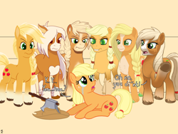 Size: 1280x960 | Tagged: safe, artist:mkogwheel, imported from derpibooru, applejack, earth pony, pony, leak, spoiler:g5, 12/16/17, aged like milk, applejack (g5 concept leak), applejack (g5), applejack's hat's death, axe, braid, bucktooth, chest fluff, crying, drama, floppy ears, frown, g5, g5 applejack drama, g5 concept leak style, g5 concept leaks, g5 drama, glare, gritted teeth, multeity, open mouth, prone, racism in the comments, self ponidox, simple background, style emulation, underhoof, unshorn fetlocks, waving, weapon, yeehaw, yellow background