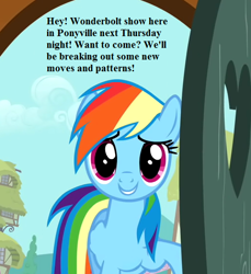 Size: 512x560 | Tagged: safe, edit, edited screencap, imported from derpibooru, screencap, rainbow dash, pegasus, pony, party of one, bronybait, cropped, door, female, implied wonderbolts, invitation, looking at you, mare, solo