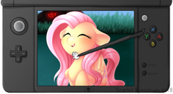 Size: 1427x774 | Tagged: safe, artist:scarlet-spectrum, imported from derpibooru, fluttershy, pony, 3ds, blushing, cute, daaaaaaaaaaaw, dawwww, eyes closed, female, floppy ears, gamefreak, heart, hnnng, nintendo, petting, pokemon refresh, pokémon, pokémon sun and moon, scarlet-spectrum is trying to murder us, shyabetes, solo, stylus, weapons-grade cute