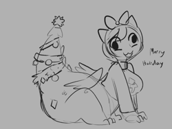 Size: 1024x768 | Tagged: safe, artist:mt, imported from derpibooru, oc, oc only, oc:snap, satyr, christmas, christmas tree, clothes, female, holiday, monochrome, offspring, parent:crackle, solo, sweater, tree