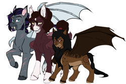 Size: 2344x1563 | Tagged: safe, artist:azraelartz, artist:blackblood-queen, artist:theecchiqueen, imported from derpibooru, oc, oc only, oc:lafayette roseheart, oc:octavus, oc:orpheus, bat pony, pony, bat pony oc, ear piercing, fangs, guards of the heart, male, piercing, polyamory, scar, simple background, size difference, smiling, stallion