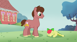 Size: 1024x563 | Tagged: safe, artist:ludiculouspegasus, imported from derpibooru, oc, oc only, oc:apple spice, oc:orchid, dracony, hybrid, blank flank, crying, cutie mark, duo, grass field, interspecies offspring, male, offspring, parent:apple bloom, parent:spike, parents:spikebloom, ponyville schoolhouse, shy, stallion