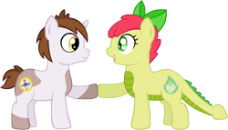 Size: 2933x1674 | Tagged: safe, artist:ludiculouspegasus, imported from derpibooru, oc, oc only, oc:apple spice, oc:bismarck, dracony, hybrid, unicorn, colt, compass, cutie mark, female, heart, hoofbump, interspecies offspring, male, offspring, parent:apple bloom, parent:pipsqueak, parent:spike, parent:sweetie belle, parents:spikebloom, parents:sweetiesqueak, simple background, white background