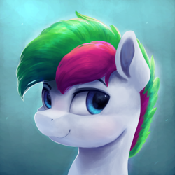 Size: 2700x2700 | Tagged: safe, artist:vanillaghosties, imported from derpibooru, oc, oc only, oc:neon streak, pony, bust, looking at you, male, portrait, smiling, solo, stallion