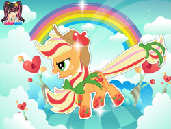 Size: 795x599 | Tagged: safe, artist:user15432, imported from derpibooru, applejack, earth pony, pony, cloud, hasbro, hasbro studios, hat, heart, rainbow, rainbow hair, rainbow power, rainbow power-ified, rainbow tail, solo, starsue