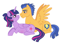 Size: 1024x726 | Tagged: safe, artist:cascayd, imported from derpibooru, flash sentry, twilight sparkle, alicorn, pegasus, pony, eye contact, female, flash hunktry, flashlight, looking at each other, male, mare, pregnant, prone, shipping, stallion, straight, twilight sparkle (alicorn)