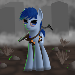 Size: 1600x1600 | Tagged: safe, artist:titan2955, imported from derpibooru, oc, oc only, oc:p-21, earth pony, pony, fallout equestria, fallout equestria: project horizons, city, gun, male, persuasion (p-21's rifle), solo, stallion, wasteland, weapon