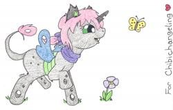 Size: 1550x984 | Tagged: safe, artist:jamestkelley, imported from derpibooru, oc, oc only, oc:oculus, butterfly, changeling, flower, green changeling, pink hair, solo, traditional art