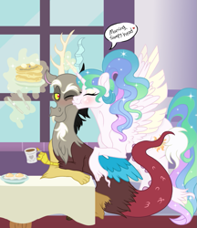 Size: 863x1000 | Tagged: safe, artist:sunbutt-worshipper, imported from derpibooru, discord, princess celestia, alicorn, pony, blushing, breakfast, dislestia, egg (food), female, food, fork, kissing, knife, magic, male, morning, one eye closed, pancakes, shipping, straight, telekinesis