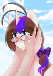 Size: 3496x4961 | Tagged: safe, artist:ruku, imported from derpibooru, oc, oc only, oc:crystal lens, human, pony, unicorn, bow, bust, cloud, female, glasses, hand, holding head, mare, sky, two toned mane, ych result