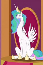 Size: 847x1280 | Tagged: safe, artist:astr0zone, imported from derpibooru, princess celestia, clothes, female, impossibly long neck, long neck, necc, princess necklestia, shoes, sitting, solo, swanlestia, throne, wat