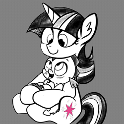 Size: 900x900 | Tagged: safe, artist:mamatwilightsparkle, imported from derpibooru, spike, twilight sparkle, dragon, tumblr:mama twilight sparkle, baby, baby spike, mama twilight, mama twilight sparkle, monochrome, neo noir, partial color