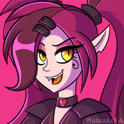 Size: 900x900 | Tagged: safe, artist:wubcakeva, imported from derpibooru, oc, oc only, oc:scarlett, succubus, equestria girls, clothes, elf ears, fangs, female, slit eyes, slit pupils, smiling, solo