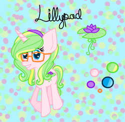 Size: 842x822 | Tagged: safe, artist:allegro15, imported from derpibooru, oc, oc only, oc:lillypad, pony, unicorn, female, filly, glasses, reference sheet, solo