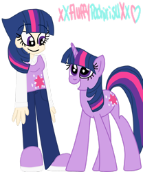 Size: 1024x1229 | Tagged: safe, artist:xxfluffypachirisuxx, imported from derpibooru, twilight sparkle, human, pony, unicorn, human coloration, human ponidox, humanized, self ponidox, simple background, transparent background