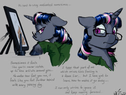 Size: 1200x900 | Tagged: safe, artist:amarynceus, imported from derpibooru, oc, oc only, oc:amarynceus, pony, unicorn, bust, chest fluff, clothes, cloven hooves, crying, female, floppy ears, glasses, gray background, mare, ponysona, poop, sad, shirt, short mane, simple background, solo, tablet, unshorn fetlocks