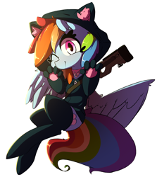 Size: 1984x2222 | Tagged: safe, artist:bloodatius, artist:luxaestas, imported from derpibooru, rainbow dash, pegasus, pony, clothes, collar, cute, dashabetes, female, gun, hoodie, looking at you, mare, paw prints, simple background, solo, weapon, white background