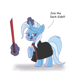 Size: 3000x3000 | Tagged: safe, artist:imacartoonist, imported from derpibooru, trixie, pony, unicorn, cape, clothes, female, glowing horn, lightsaber, magic, mare, raised hoof, simple background, solo, speech, star wars, telekinesis, weapon, white background