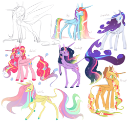 Size: 2000x1904 | Tagged: safe, artist:xenon, imported from derpibooru, applejack, fluttershy, pinkie pie, rainbow dash, rarity, twilight sparkle, alicorn, pony, alicorn six, alicornified, applecorn, cloven hooves, colored hooves, cowboy hat, curved horn, ethereal mane, female, flower, flower in hair, fluttercorn, good end, harvest goddess, hat, leonine tail, mane six, mane six alicorns, mare, pinkiecorn, race swap, rainbowcorn, raised hoof, raricorn, simple background, smiling, starry mane, twilight sparkle (alicorn), ultimate twilight, white background, xk-class end-of-the-world scenario