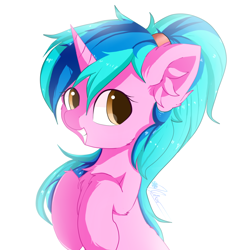 Size: 1400x1400 | Tagged: safe, artist:heddopen, artist:smolicecube, imported from derpibooru, oc, oc only, pony, unicorn, bust, female, looking at you, mare, simple background, smiling, solo, white background