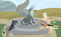 Size: 2807x1719 | Tagged: safe, artist:flicktransition, imported from derpibooru, oc, oc only, oc:arvid, oc:flick transition, oc:plume, griffon, butt, coin, curse, greed, griffonstone, inanimate tf, magic, male, paws, petrification, plot, statue, transformation, trap (device), water