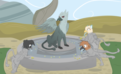 Size: 2807x1719 | Tagged: safe, artist:flicktransition, imported from derpibooru, oc, oc only, oc:arvid, oc:flick transition, oc:plume, griffon, butt, coin, curse, greed, griffonstone, inanimate tf, magic, male, paws, petrification, plot, statue, transformation, trap (device), water