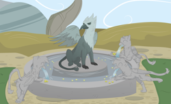 Size: 2807x1719 | Tagged: safe, artist:flicktransition, imported from derpibooru, oc, oc only, oc:arvid, oc:flick transition, oc:plume, griffon, butt, coin, curse, greed, griffonstone, inanimate tf, magic, male, paws, petrification, plot, statue, transformation, trap (device), water