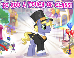 Size: 475x372 | Tagged: safe, imported from derpibooru, ponet, pony, unicorn, ascot, ascot tie, clothes, cufflinks, cuffs (clothes), gameloft, hat, male, meme, solo, stallion, suit, top hat, tuxedo, wow! glimmer