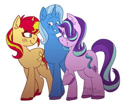 Size: 3000x2512 | Tagged: safe, artist:memingerss, artist:queertrixie, imported from derpibooru, starlight glimmer, sunset shimmer, trixie, pony, unicorn, blushing, female, lesbian, lidded eyes, looking at each other, mare, polyamory, raised hoof, shimmerglimmer, shipping, simple background, smiling, startrix, startrixset, suntrix, transparent background, unshorn fetlocks