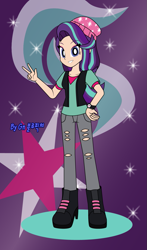 Size: 745x1263 | Tagged: safe, artist:bluepicture070881, imported from derpibooru, starlight glimmer, equestria girls, beanie, cutie mark, cutie mark background, female, hat, human coloration, light skin, peace sign, solo