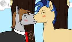 Size: 1178x685 | Tagged: safe, alternate version, artist:wyntermoon, imported from derpibooru, oc, oc only, oc:brushed brew, oc:milky way, oc:spunky way, blushing, clothes, cloud, freckles, gay, kissing, male, multicolored hair, necktie, oc x oc, rule 63, shipping, spunkybrew, stallion, suit, tree, tree carving