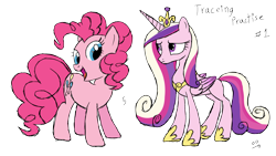 Size: 1920x1080 | Tagged: safe, imported from derpibooru, pinkie pie, princess cadance, alicorn, earth pony, pony, simple background, sketch, trace, transparent background