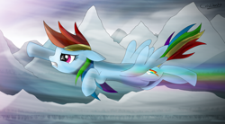 Size: 3500x1932 | Tagged: safe, artist:crisdashie, imported from derpibooru, rainbow dash, pony, female, flying, mountain, mountain range, rainbow trail, solo