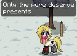 Size: 502x368 | Tagged: safe, imported from derpibooru, oc, oc only, oc:adalinde brandt, pony, unicorn, pony town, aryan, aryan pony, blonde, clothes, female, mare, mouth hold, nazi, nazipone, piercing, present, purity, snow, socks, solo, swastika, torch, tree