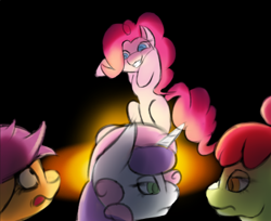 Size: 1024x834 | Tagged: safe, anonymous artist, imported from derpibooru, apple bloom, pinkie pie, scootaloo, sweetie belle, earth pony, pegasus, pony, unicorn, campfire, colored pupils, female, filly, fire, mare, scared, spooky, unamused