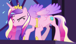 Size: 409x238 | Tagged: safe, imported from derpibooru, screencap, princess cadance, alicorn, pony, princess spike (episode), behaving like a dog, cropped, eyes closed, female, mare, solo, wet, wet mane, wet-dog shake