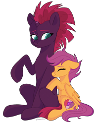 Size: 1419x1833 | Tagged: safe, artist:fioweress, imported from derpibooru, fizzlepop berrytwist, scootaloo, tempest shadow, my little pony: the movie, broken horn, cutie mark, duo, eye scar, hug, scar, simple background, the cmc's cutie marks, transparent background