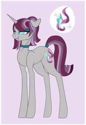 Size: 1529x2216 | Tagged: safe, artist:holoriot, imported from derpibooru, oc, oc only, oc:jinx, unicorn, choker, eyeshadow, female, magical lesbian spawn, makeup, mare, offspring, parent:maud pie, parent:starlight glimmer, parents:starmaud, purple background, simple background, solo