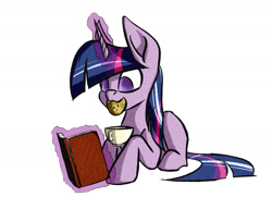 Size: 1752x1269 | Tagged: safe, artist:akweer, imported from derpibooru, twilight sparkle, alicorn, pony, book, bookhorse, cookie, cup, female, food, mare, mouth hold, no pupils, prone, reading, simple background, solo, teacup, twilight sparkle (alicorn), white background