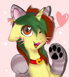 Size: 1079x1200 | Tagged: safe, alternate version, artist:homecome, artist:sinigam41, imported from derpibooru, oc, oc only, oc:northern spring, unicorn, bell, bell collar, cat ears, cat paws, collar, fangs, female, floppy ears, freckles, headband, heart, heart eyes, one eye closed, open mouth, paw gloves, paw pads, paw prints, solo, whiskers, wingding eyes, wink, ych result