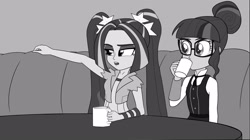 Size: 2800x1563 | Tagged: safe, artist:feroxultrus, imported from derpibooru, aria blaze, sci-twi, twilight sparkle, equestria girls, bonding, booth, cafe, clothes, coffee, coffee mug, crystal prep academy uniform, fanfic, fanfic art, glasses, grayscale, lounging, monochrome, mug, school uniform, sipping, table