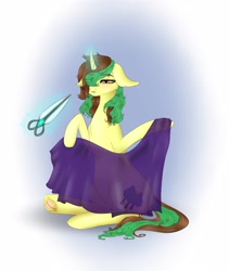 Size: 3379x4000 | Tagged: safe, artist:minty, imported from derpibooru, oc, oc only, oc:northern spring, unicorn, curved horn, fabric, female, glowing horn, hair over one eye, magic, scissors, sitting, solo