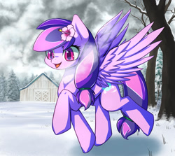 Size: 1850x1650 | Tagged: safe, artist:tangankittentail, imported from derpibooru, oc, oc only, oc:moonlight blossom, pegasus, pony, barn, cloud, cloudy, cute, flower, snow, solo