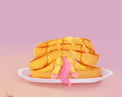 Size: 2500x2000 | Tagged: safe, artist:miokomata, imported from derpibooru, fluttershy, pegasus, pony, both cutie marks, butt, butter, buttstuck, cute, female, flutterbutt, food, gradient background, high res, maple syrup, mare, plate, plot, ponies in food, prone, rear view, shyabetes, solo, spread wings, stuck, this will end in weight gain, underhoof, waffle, wings