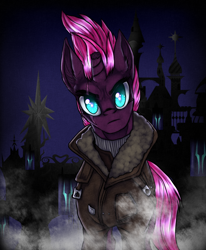 Size: 1594x1930 | Tagged: safe, artist:not-ordinary-pony, imported from derpibooru, tempest shadow, pony, unicorn, my little pony: the movie, b.j. blazkowicz, broken horn, canterlot, clothes, crossover, eye scar, female, jacket, looking at you, mare, scar, solo, wolfenstein