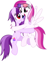 Size: 6186x7920 | Tagged: safe, artist:livehotsun, imported from derpibooru, oc, oc only, oc:comfy dove, oc:purple eye, earth pony, pegasus, pony, absurd resolution, glasses, heterochromia, hug, open mouth, simple background, smiling, transparent background