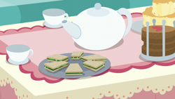 Size: 1280x720 | Tagged: safe, imported from derpibooru, screencap, discordant harmony, season 7, background, cup, discord's house, food, liminal space, no pony, sandwich, scenic ponyville, tea set, teacup, teapot