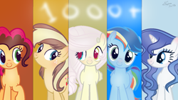 Size: 1363x762 | Tagged: safe, artist:spectrumnightyt, imported from derpibooru, oc, oc only, oc:apple pie, oc:destiny, oc:party pie, oc:rainbow blitzes, oc:sky city, earth pony, hybrid, pegasus, pony, unicorn, female, interspecies offspring, mare, offspring, parent:applejack, parent:caramel, parent:cheese sandwich, parent:discord, parent:fancypants, parent:fluttershy, parent:pinkie pie, parent:rainbow dash, parent:rarity, parent:soarin', parents:carajack, parents:cheesepie, parents:discoshy, parents:raripants, parents:soarindash