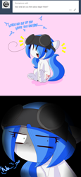 Size: 3500x7625 | Tagged: safe, artist:fullmetalpikmin, imported from derpibooru, oc, oc only, oc:mal, earth pony, pony, tumblr:ask viewing pleasure, 2 panel comic, ask, comic, female, frog (hoof), goggles, hair over one eye, laughing, looking at you, mare, no, tumblr, underhoof